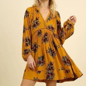 Umgee Mustard Yellow Gauzy Floral Dress Sz L